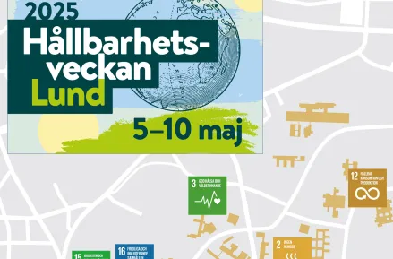 Kartra över centrala Lund med symboler för de olika hållbarhetsmålen utsatta. Grafik.